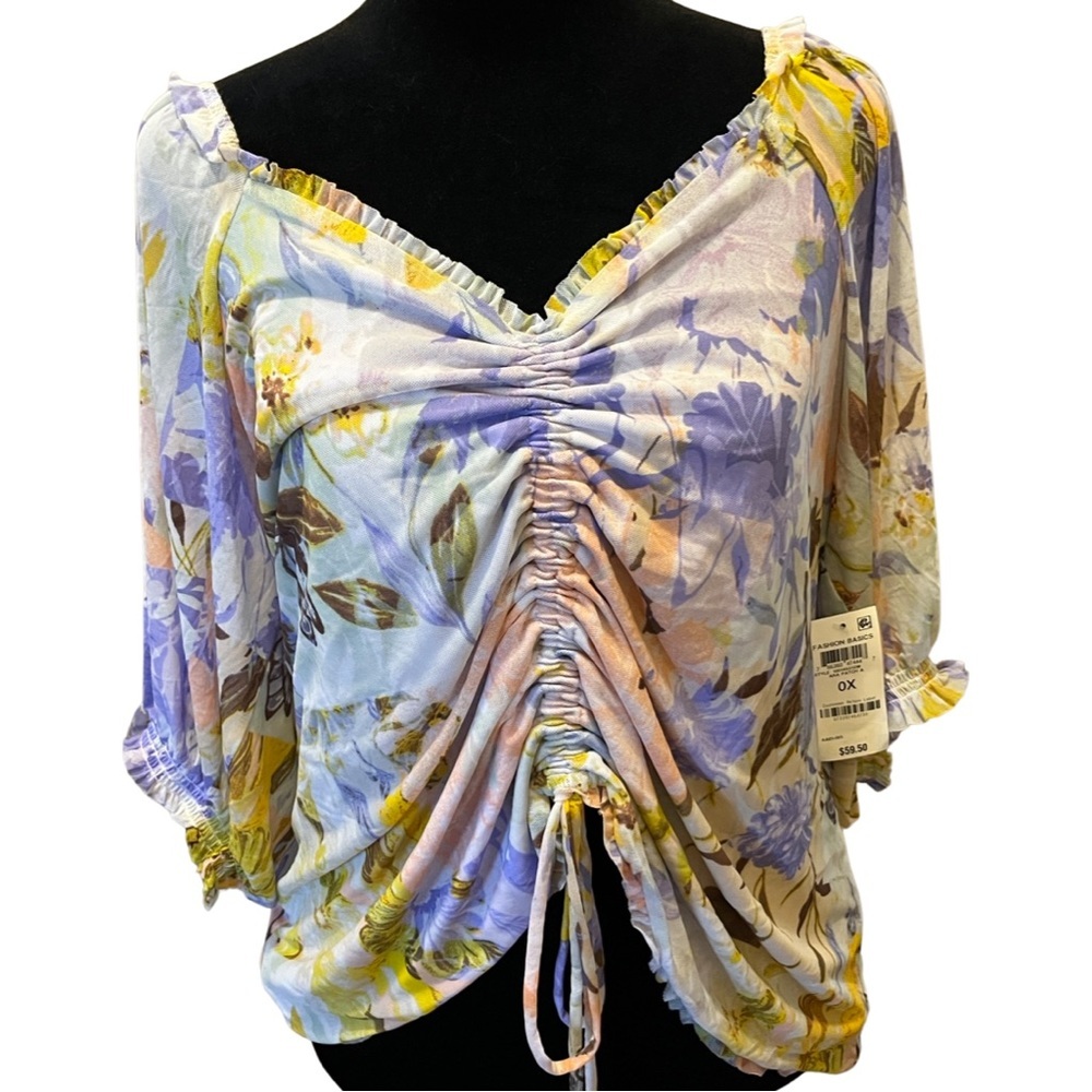 INC Printed Floral Top Lightweight Shirred Tie Front Front S/S  Sz 0x $60 NWT